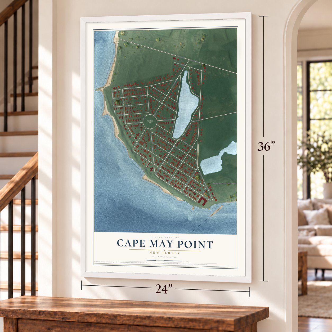 Cape May Point, New Jersey map, 24 x 36 inch print in a white frame by a staircase