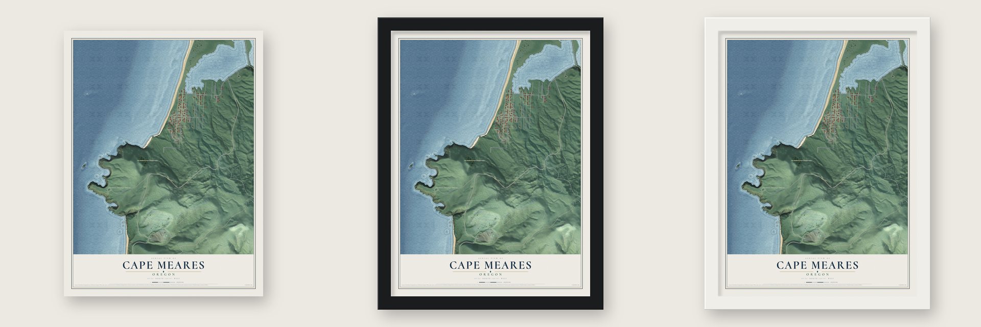 Cape Meares, Oregon map unframed, in a black wood frame and in a white wood frame