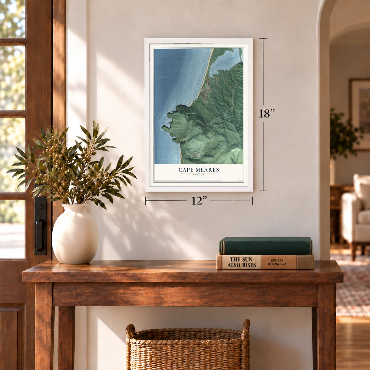 Cape Meares, Oregon map, 12 x 18 inch print in a white frame in an entryway