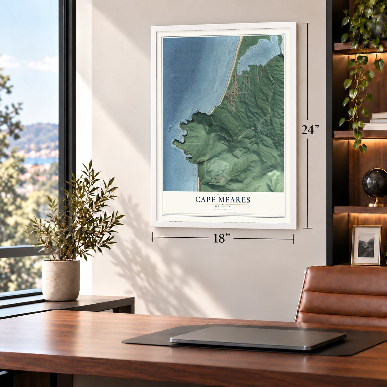 Cape Meares, Oregon map, 18 x 24 inch print in a white frame in a home office