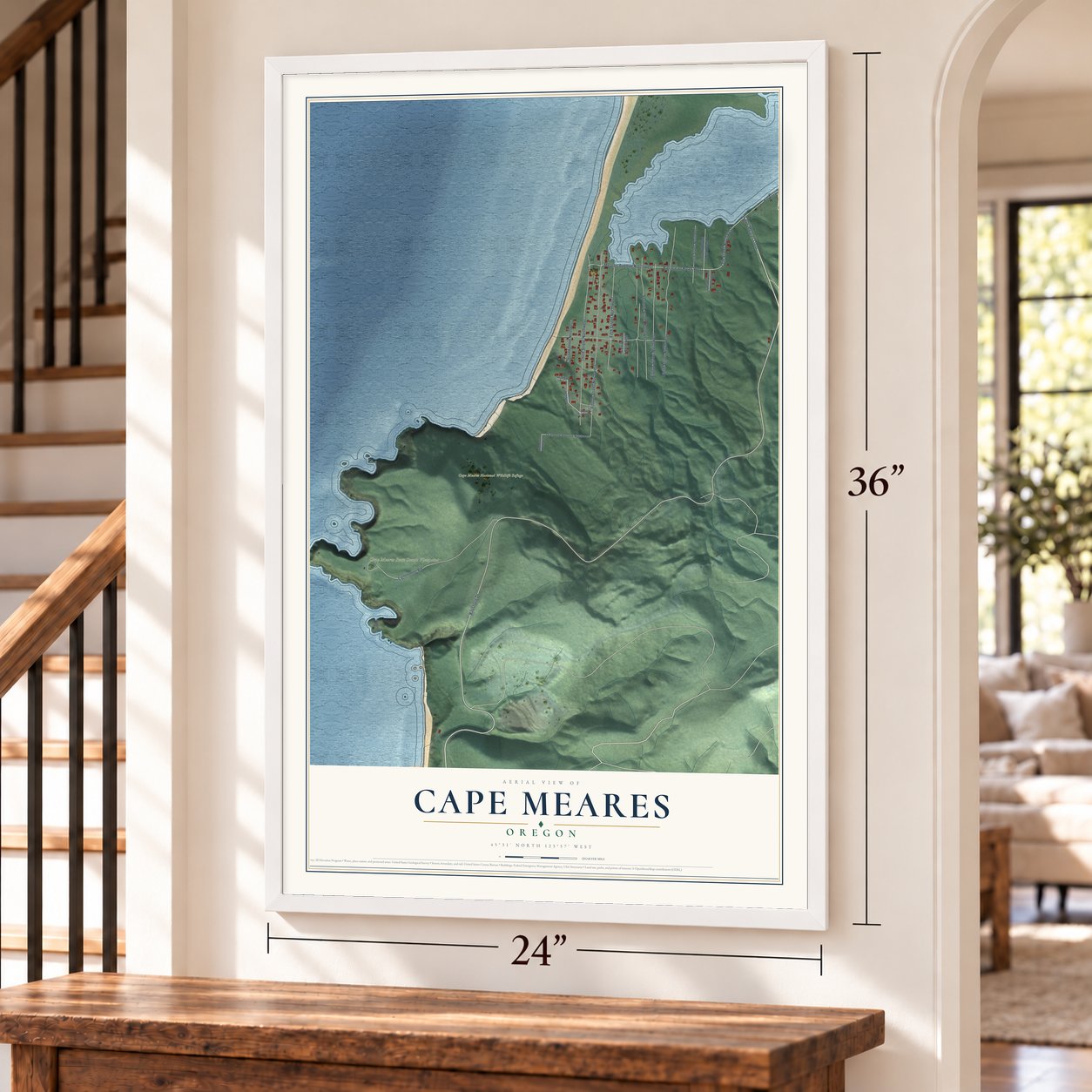 Cape Meares, Oregon map, 24 x 36 inch print in a white frame by a staircase