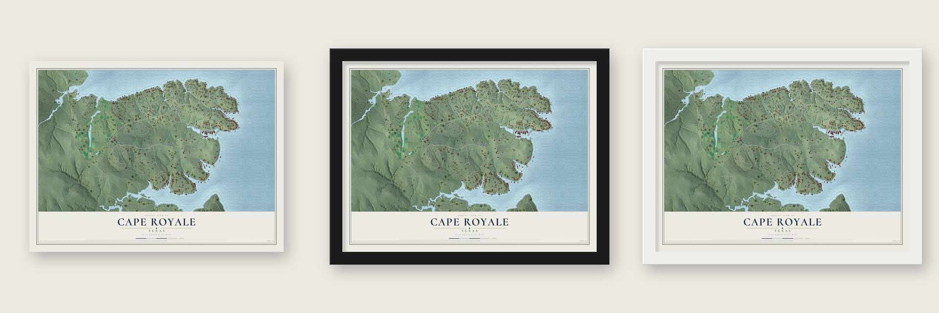 Cape Royale, Texas map unframed, in a black wood frame and in a white wood frame