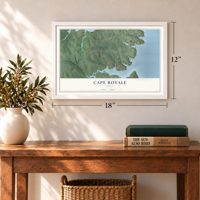 Cape Royale, Texas map, 12 x 18 inch print in a white frame in an entryway