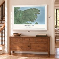 Cape Royale, Texas map, 24 x 36 inch print in a white frame above a dresser by a staircase