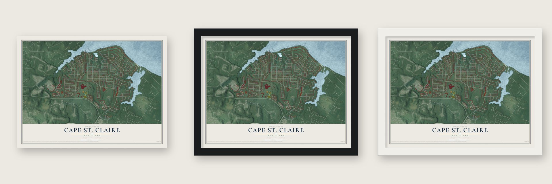 Cape St. Claire, Maryland map unframed, in a black wood frame and in a white wood frame