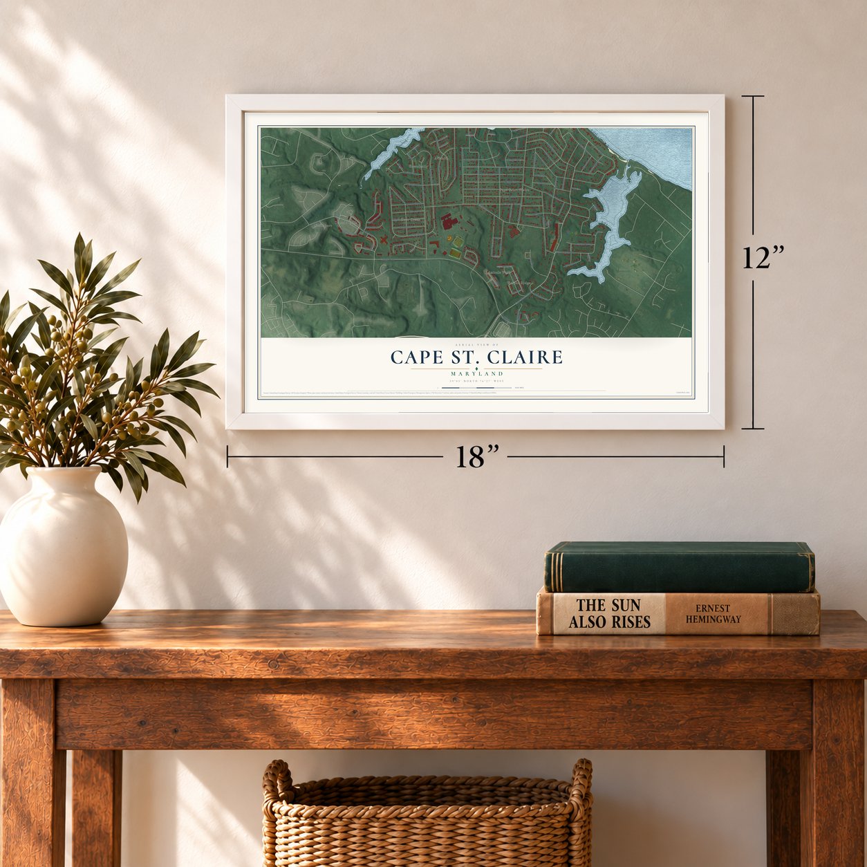 Cape St. Claire, Maryland map, 12 x 18 inch print in a white frame in an entryway