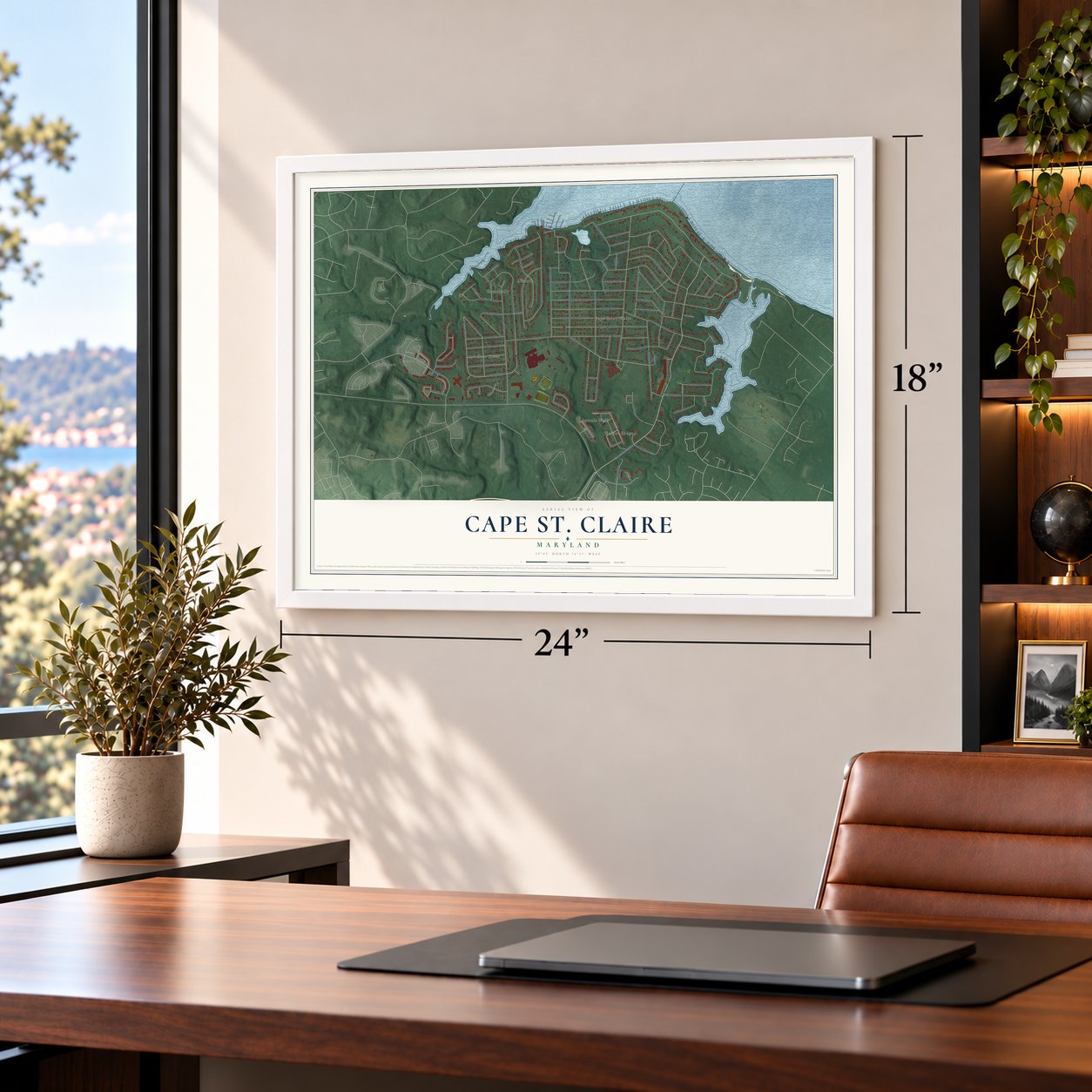 Cape St. Claire, Maryland map, 18 x 24 inch print in a white frame in a home office