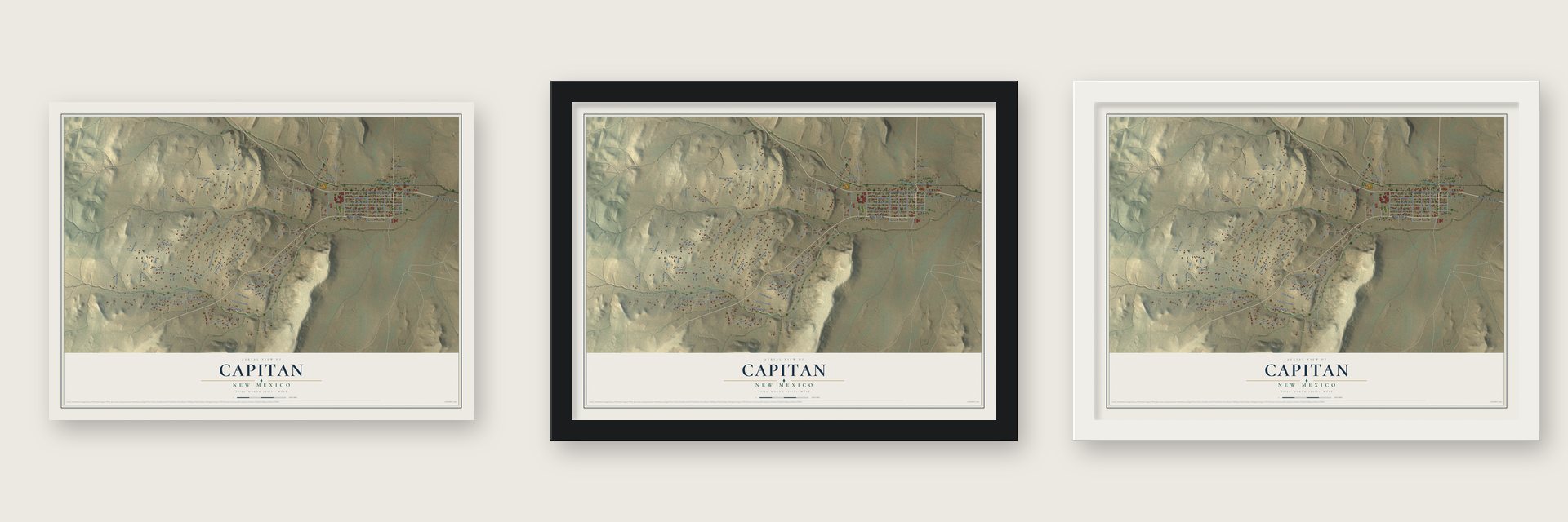 Capitan, New Mexico map unframed, in a black wood frame and in a white wood frame