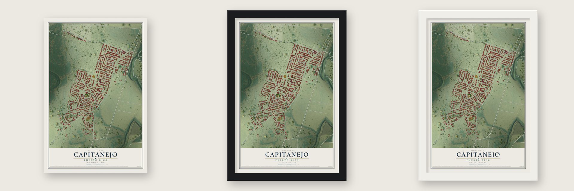 Capitanejo, Puerto Rico map unframed, in a black wood frame and in a white wood frame