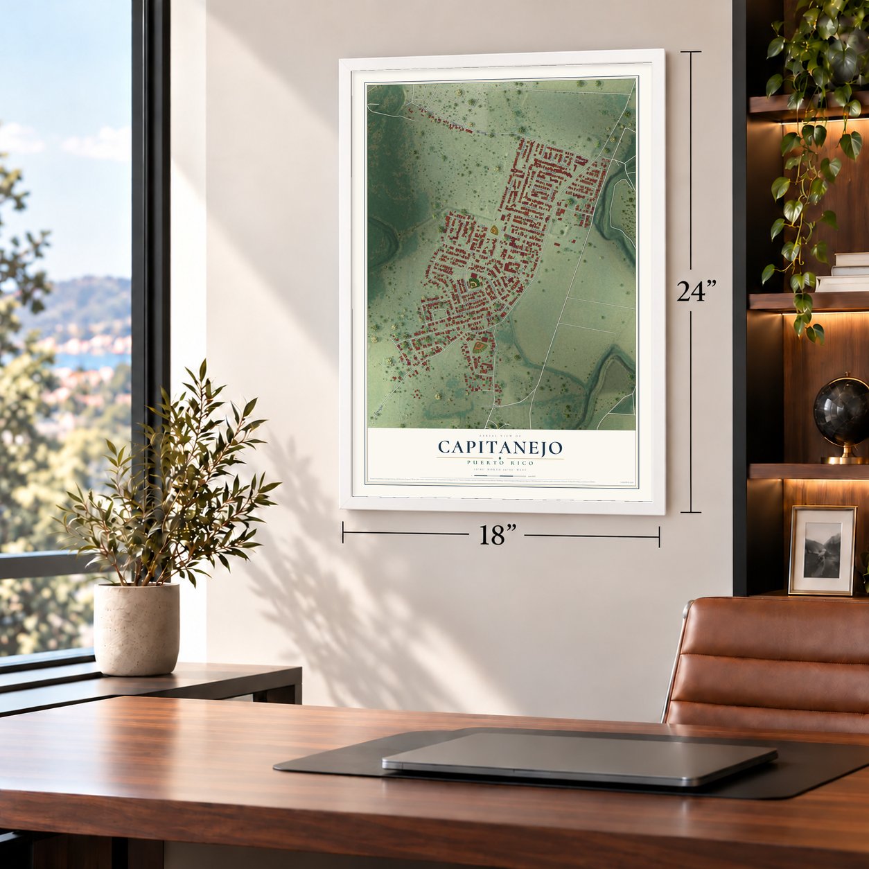 Capitanejo, Puerto Rico map, 18 x 24 inch print in a white frame in a home office