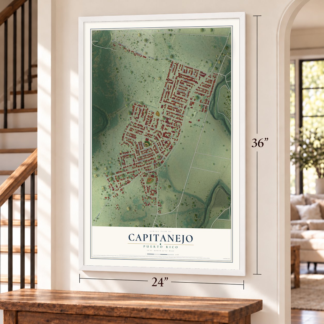 Capitanejo, Puerto Rico map, 24 x 36 inch print in a white frame by a staircase