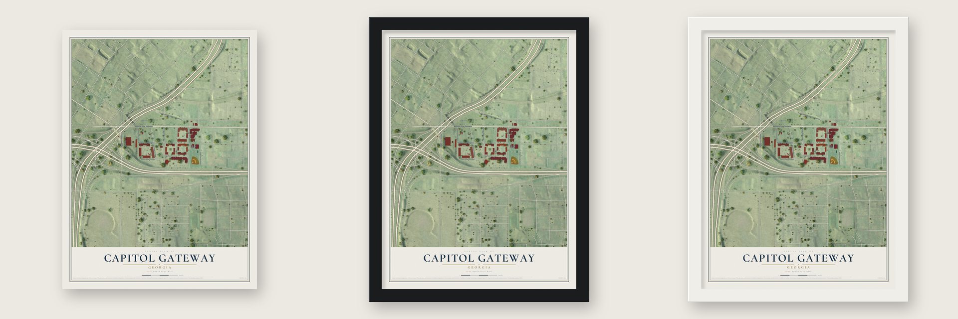 Capitol Gateway, Georgia map unframed, in a black wood frame and in a white wood frame