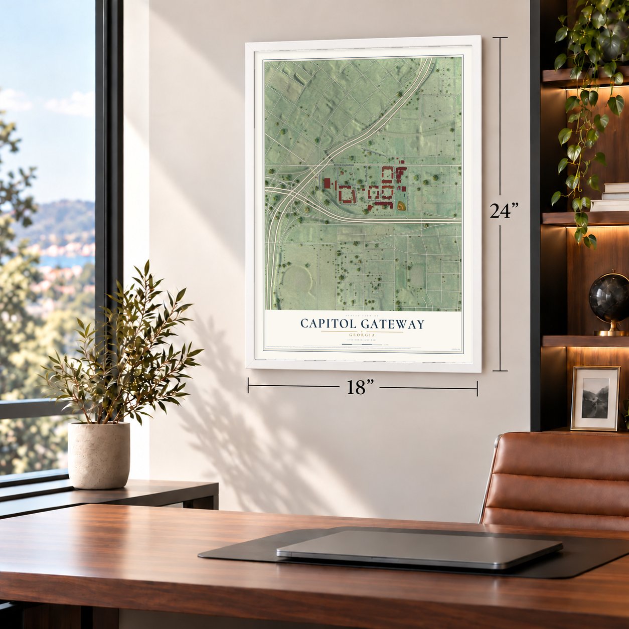 Capitol Gateway, Georgia map, 18 x 24 inch print in a white frame in a home office