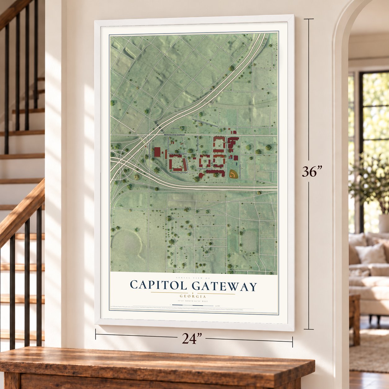 Capitol Gateway, Georgia map, 24 x 36 inch print in a white frame by a staircase
