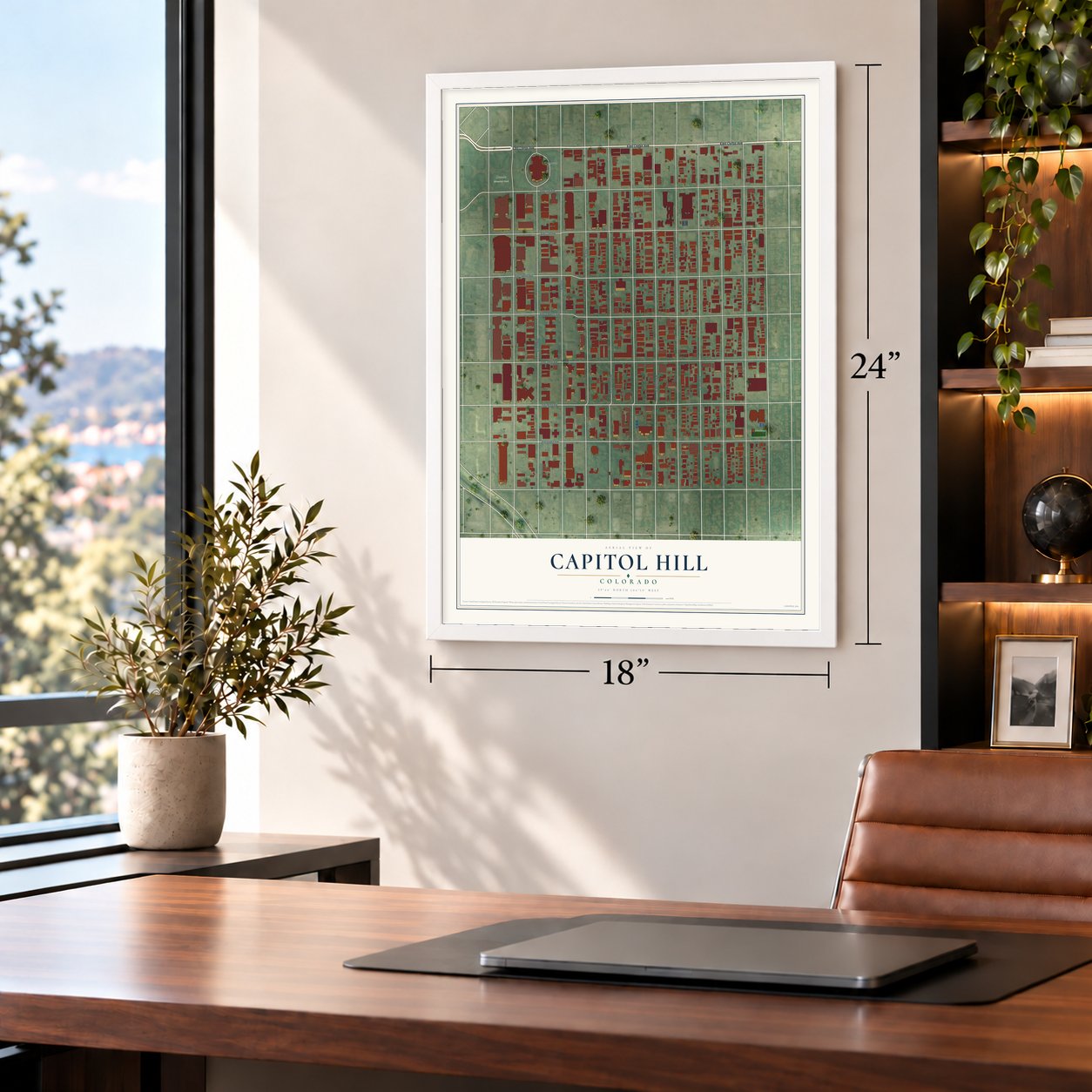 Capitol Hill, Colorado map, 18 x 24 inch print in a white frame in a home office