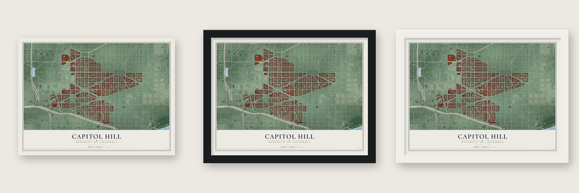 Capitol Hill, District of Columbia map unframed, in a black wood frame and in a white wood frame