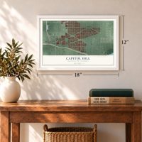 Capitol Hill, District of Columbia map, 12 x 18 inch print in a white frame in an entryway