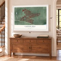 Capitol Hill, District of Columbia map, 24 x 36 inch print in a white frame above a dresser by a staircase