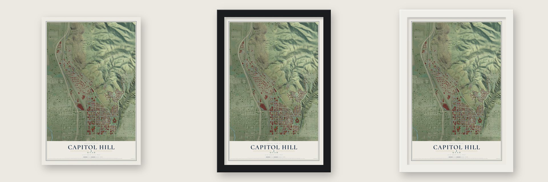 Capitol Hill, Utah map unframed, in a black wood frame and in a white wood frame