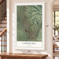 Capitol Hill, Utah map, 24 x 36 inch print in a white frame by a staircase