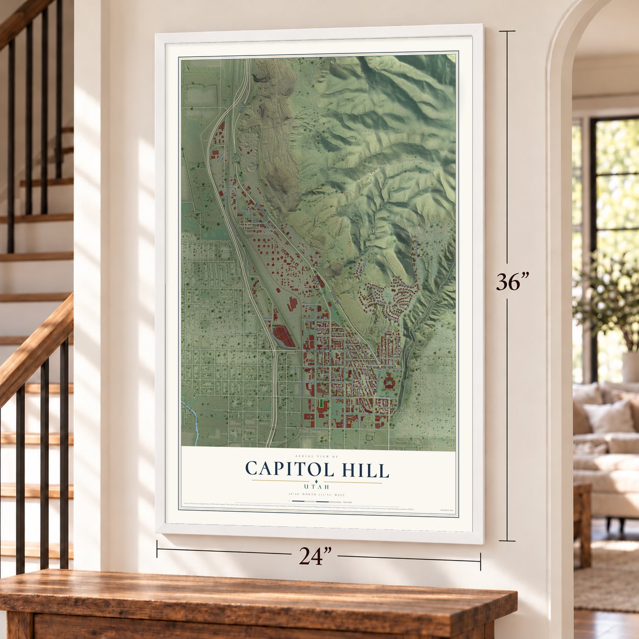 Capitol Hill, Utah map, 24 x 36 inch print in a white frame by a staircase