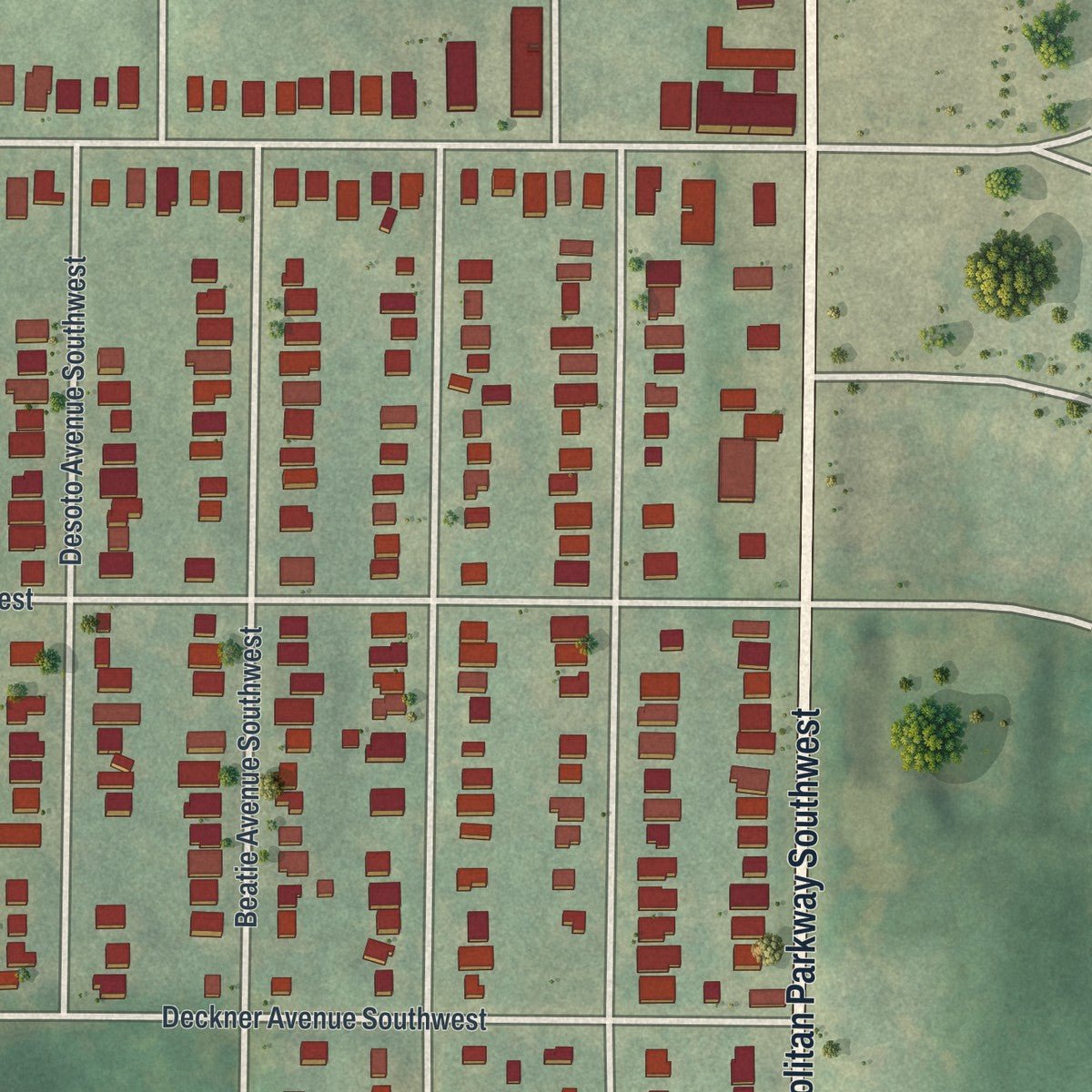 Second close-up of the map of Capitol View, Georgia print showing more streets and buildings
