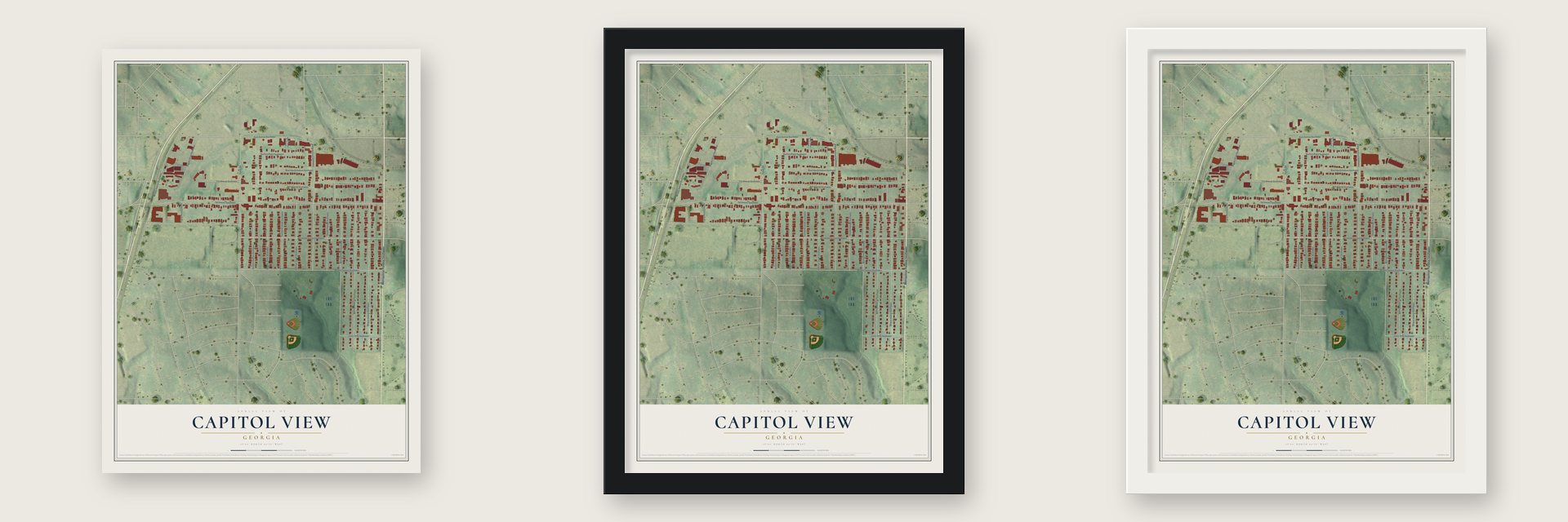 Capitol View, Georgia map unframed, in a black wood frame and in a white wood frame