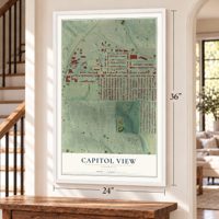 Capitol View, Georgia map, 24 x 36 inch print in a white frame by a staircase