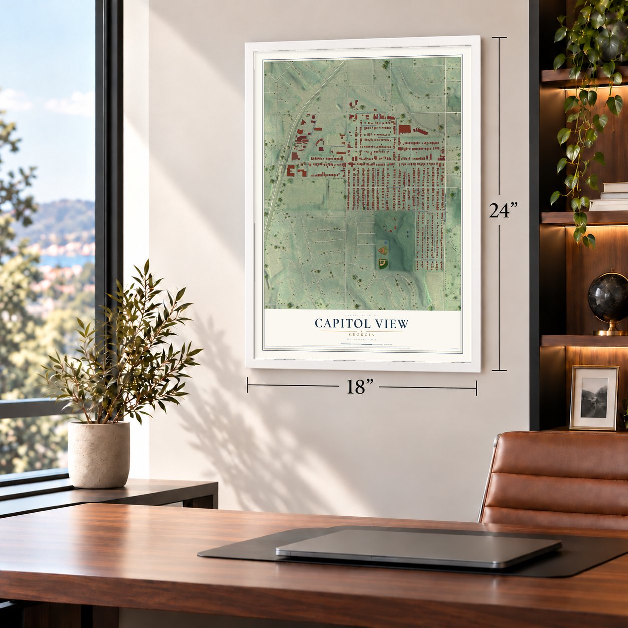 Capitol View, Georgia map, 18 x 24 inch print in a white frame in a home office