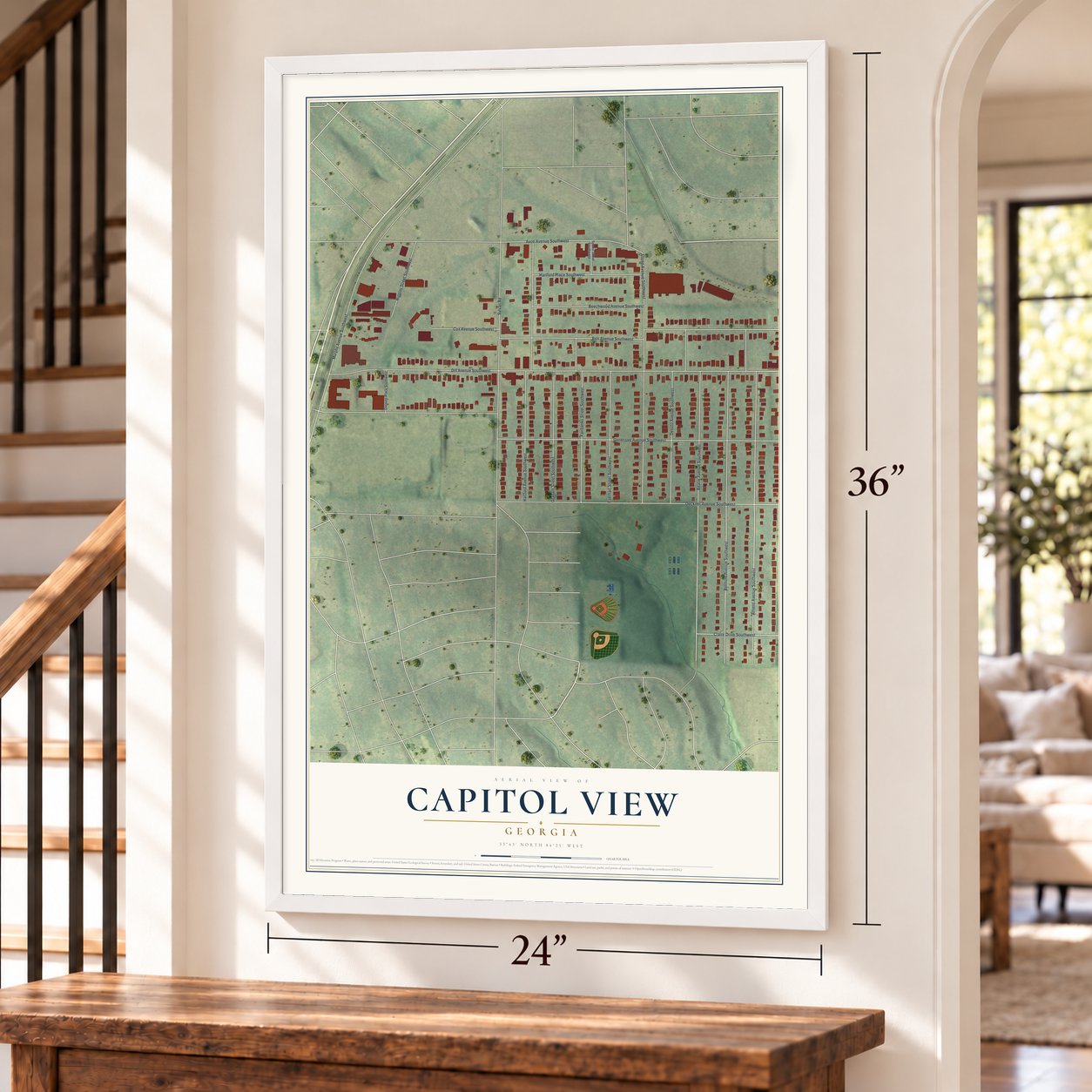 Capitol View, Georgia map, 24 x 36 inch print in a white frame by a staircase