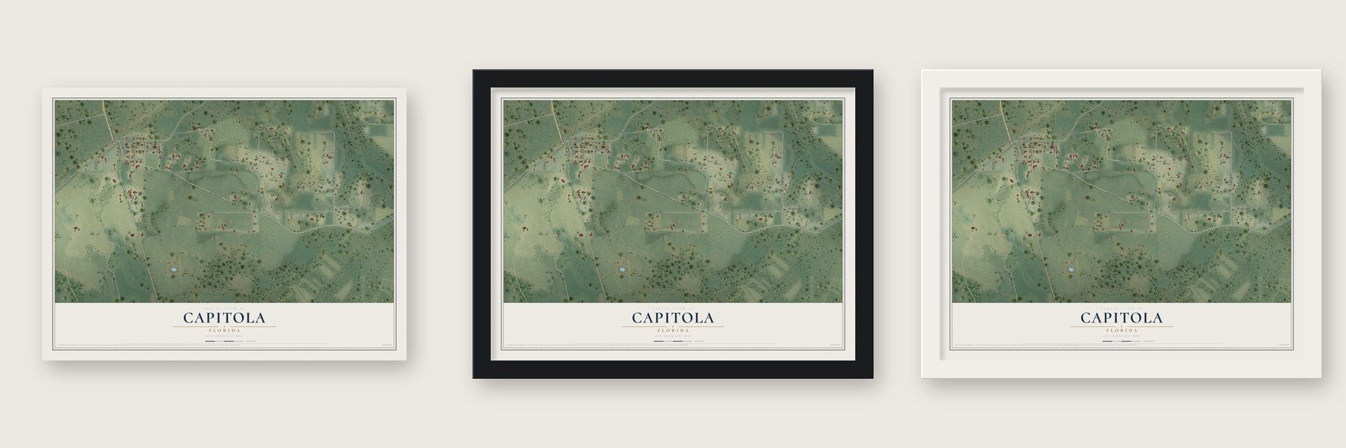 Capitola, Florida map unframed, in a black wood frame and in a white wood frame