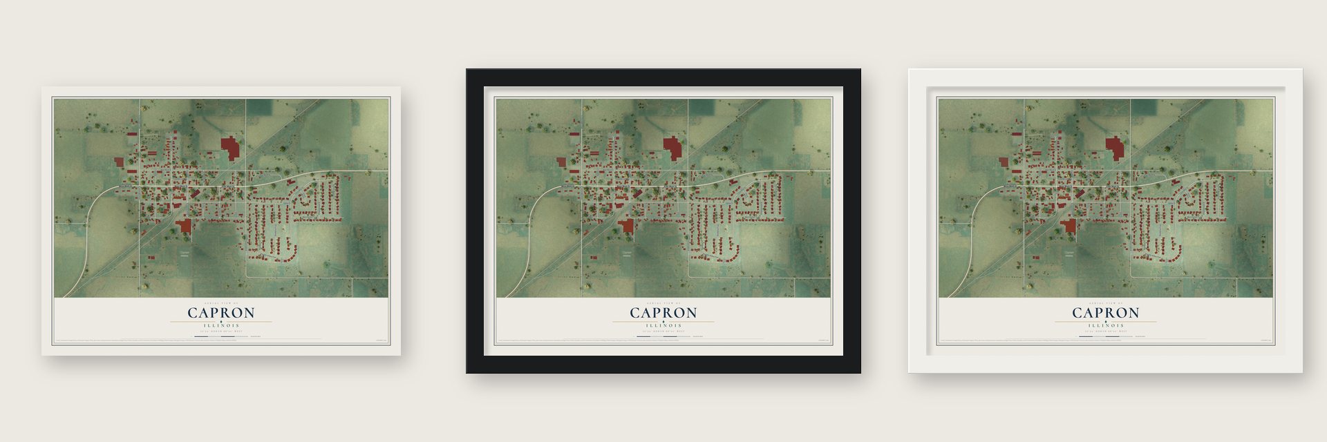 Capron, Illinois map unframed, in a black wood frame and in a white wood frame