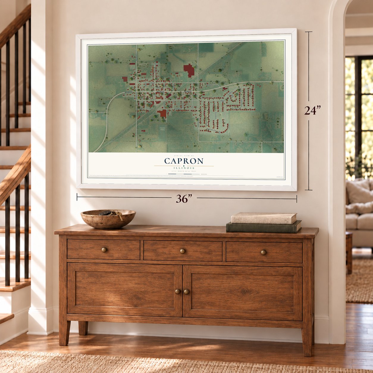 Capron, Illinois map, 24 x 36 inch print in a white frame above a dresser by a staircase