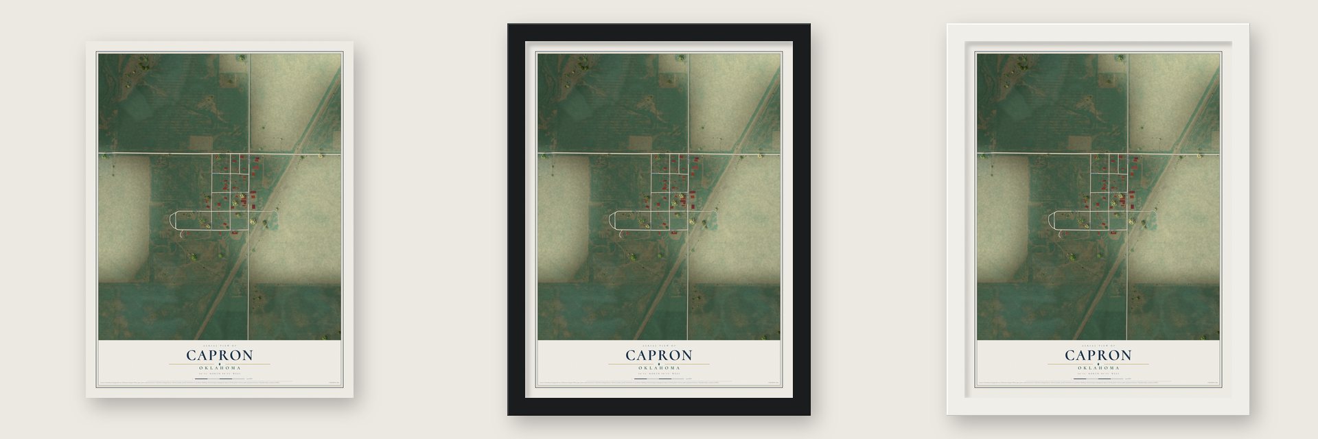 Capron, Oklahoma map unframed, in a black wood frame and in a white wood frame
