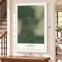 Capron, Oklahoma map, 24 x 36 inch print in a white frame by a staircase