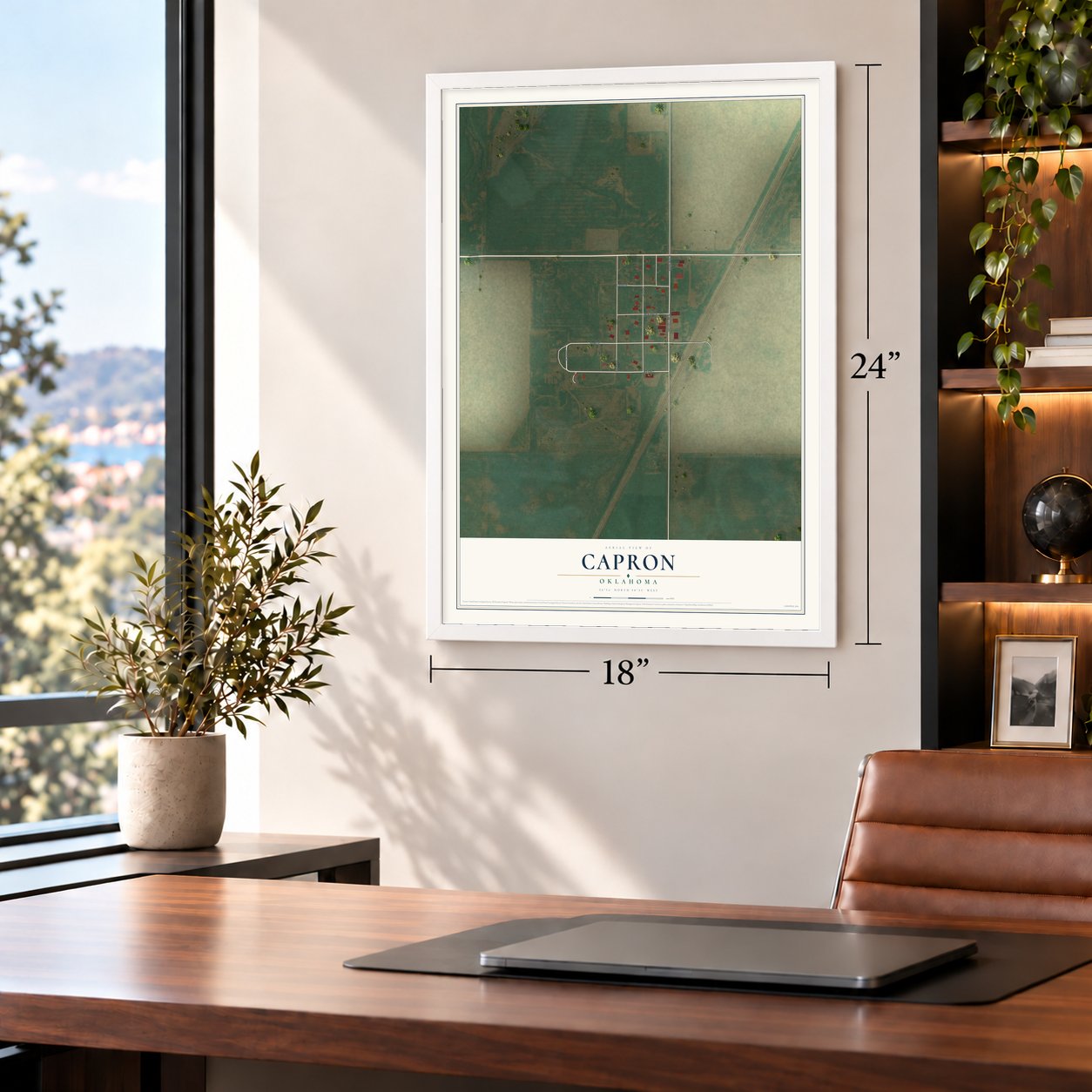 Capron, Oklahoma map, 18 x 24 inch print in a white frame in a home office