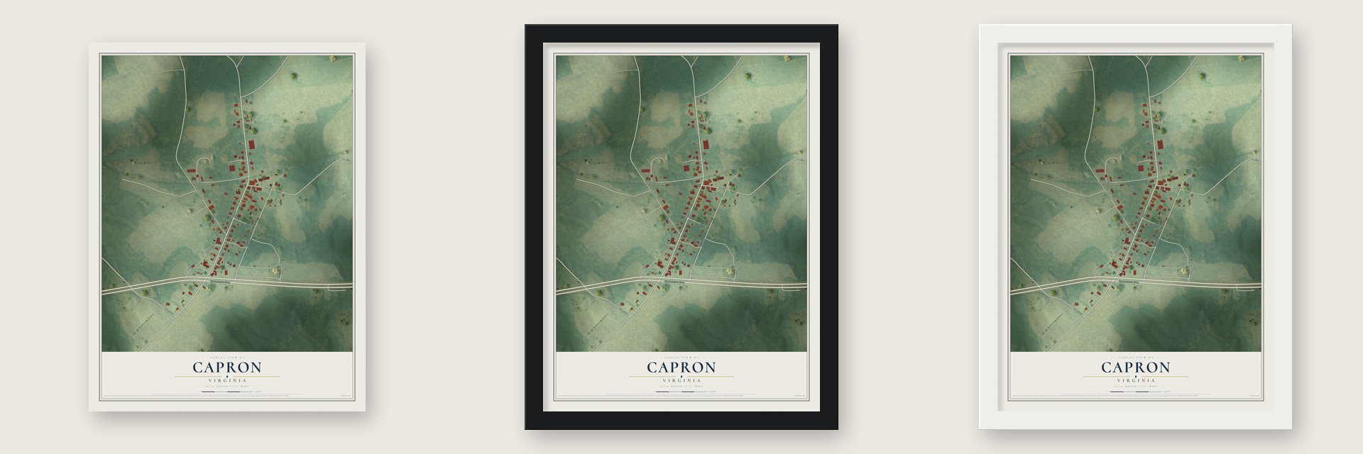 Capron, Virginia map unframed, in a black wood frame and in a white wood frame