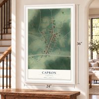Capron, Virginia map, 24 x 36 inch print in a white frame by a staircase