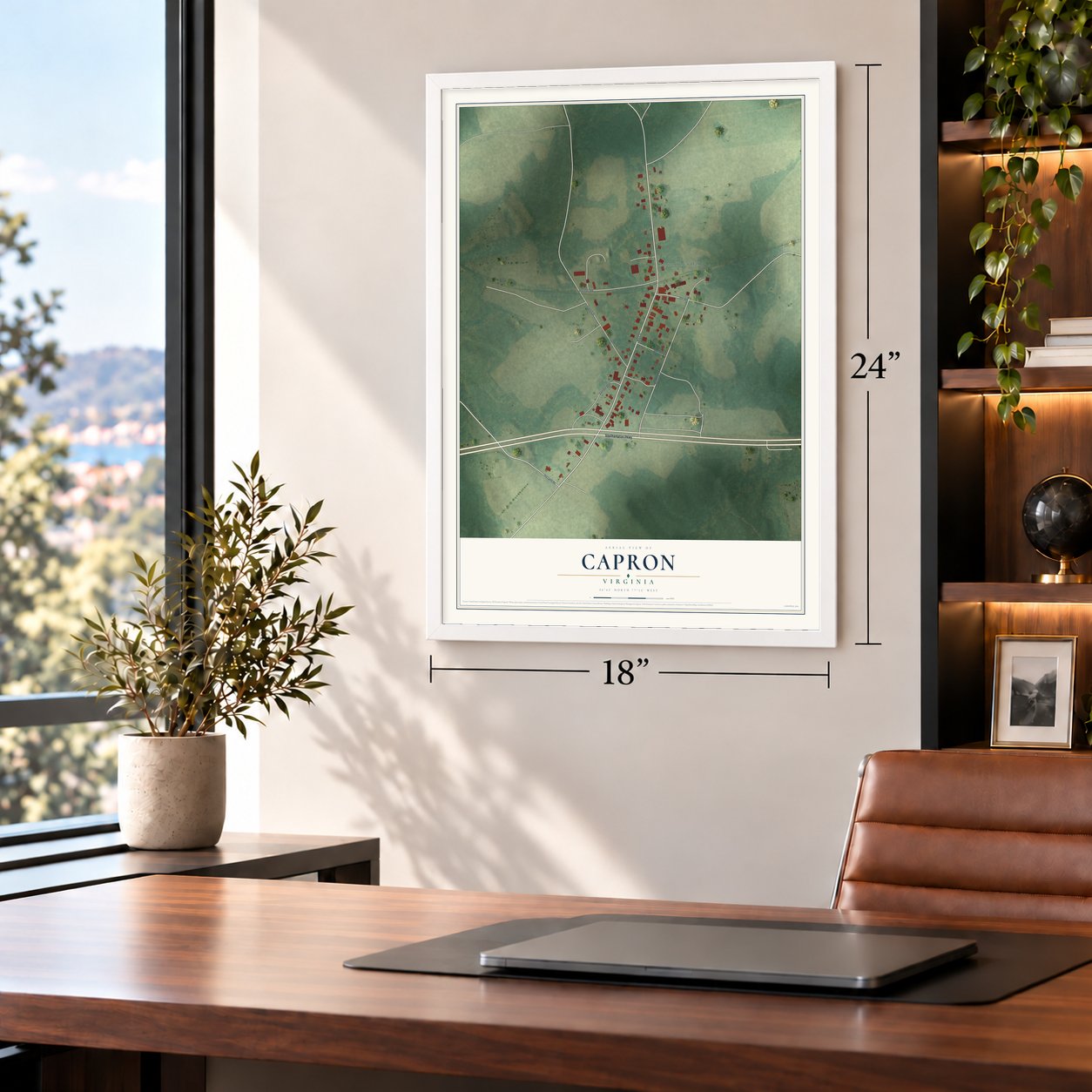 Capron, Virginia map, 18 x 24 inch print in a white frame in a home office