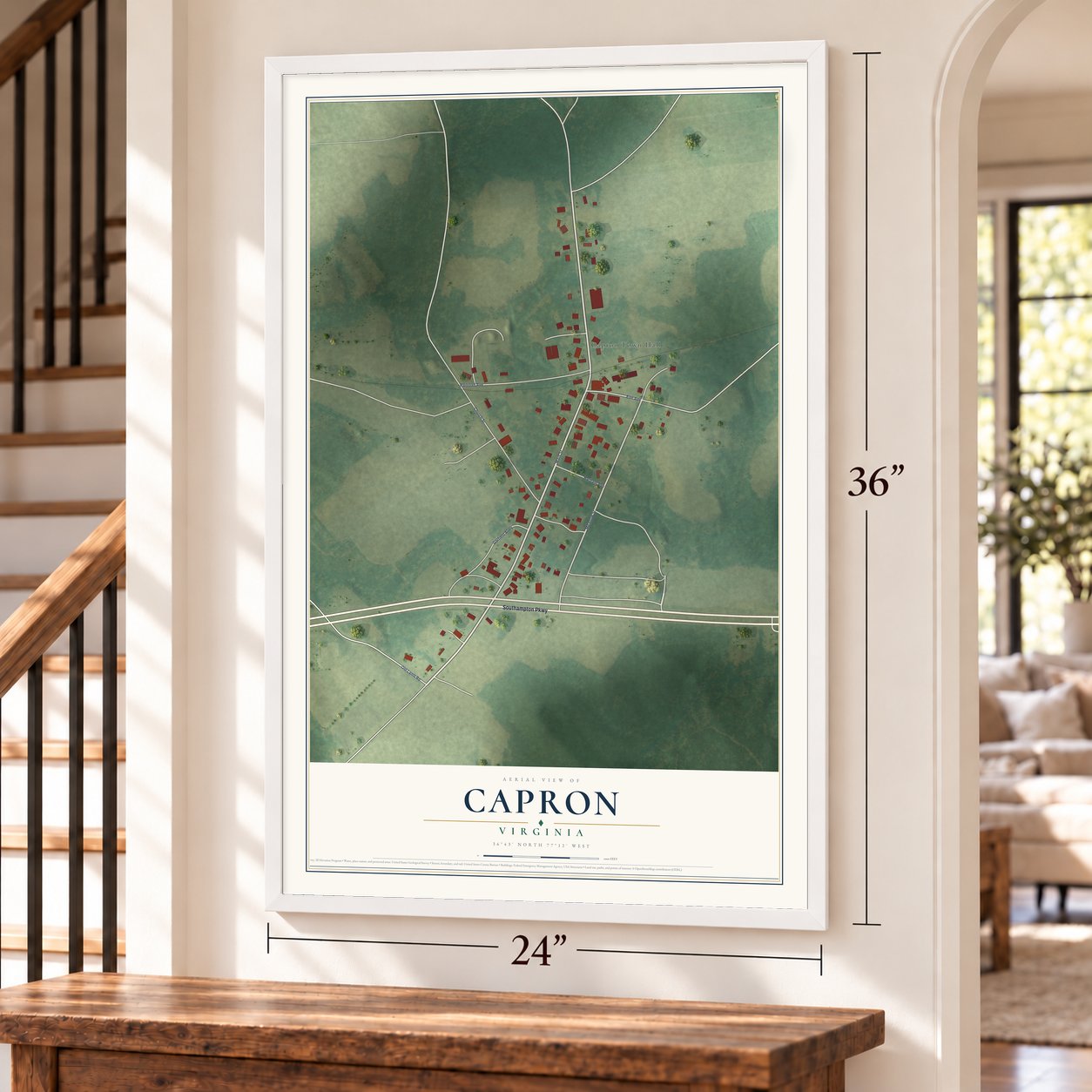 Capron, Virginia map, 24 x 36 inch print in a white frame by a staircase