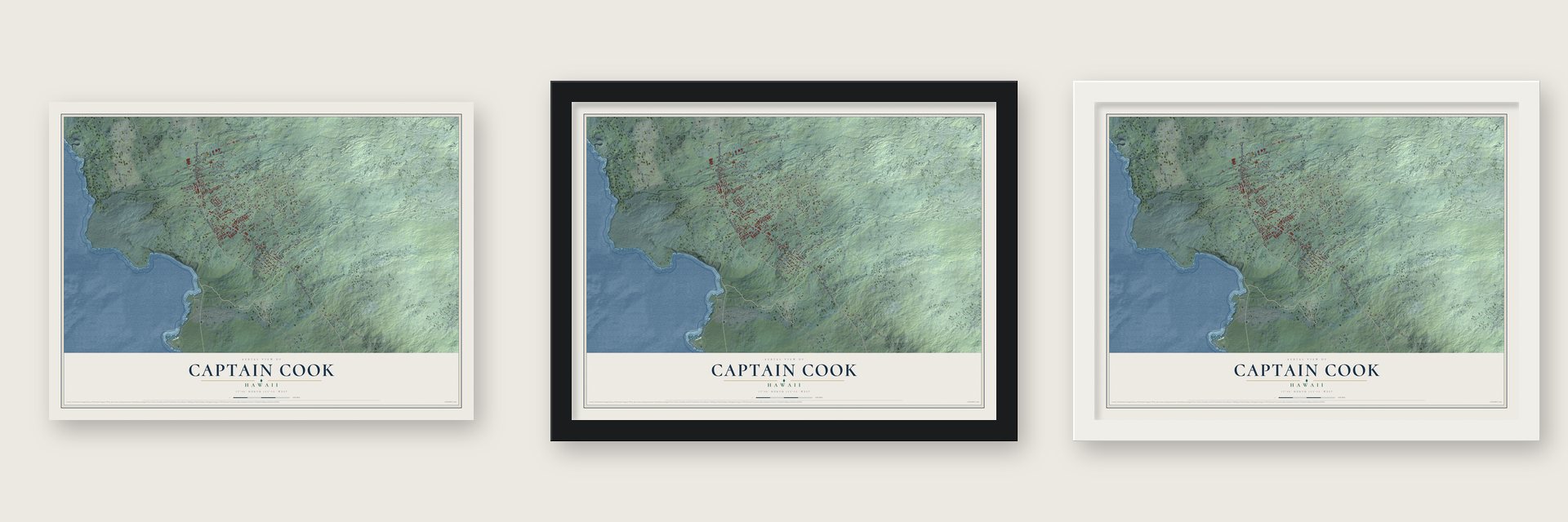 Captain Cook, Hawaii map unframed, in a black wood frame and in a white wood frame