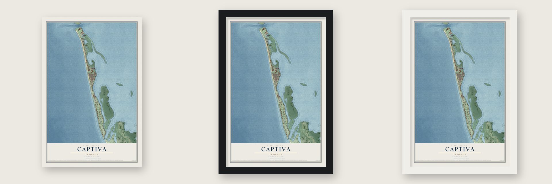 Captiva, Florida map unframed, in a black wood frame and in a white wood frame