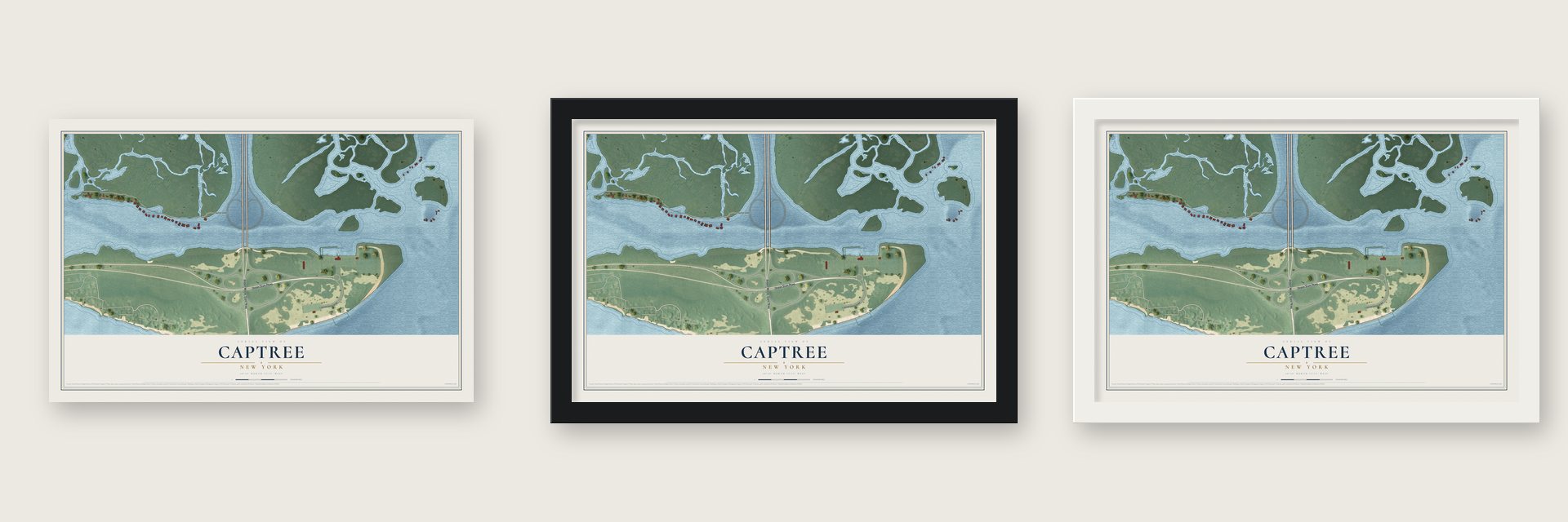 Captree, New York map unframed, in a black wood frame and in a white wood frame