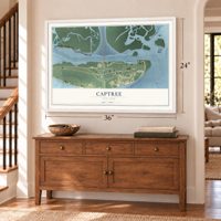Captree, New York map, 24 x 36 inch print in a white frame above a dresser by a staircase
