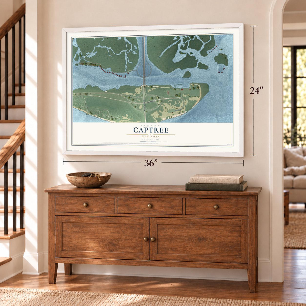 Captree, New York map, 24 x 36 inch print in a white frame above a dresser by a staircase