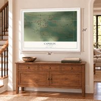 Capulin, Colorado map, 24 x 36 inch print in a white frame above a dresser by a staircase