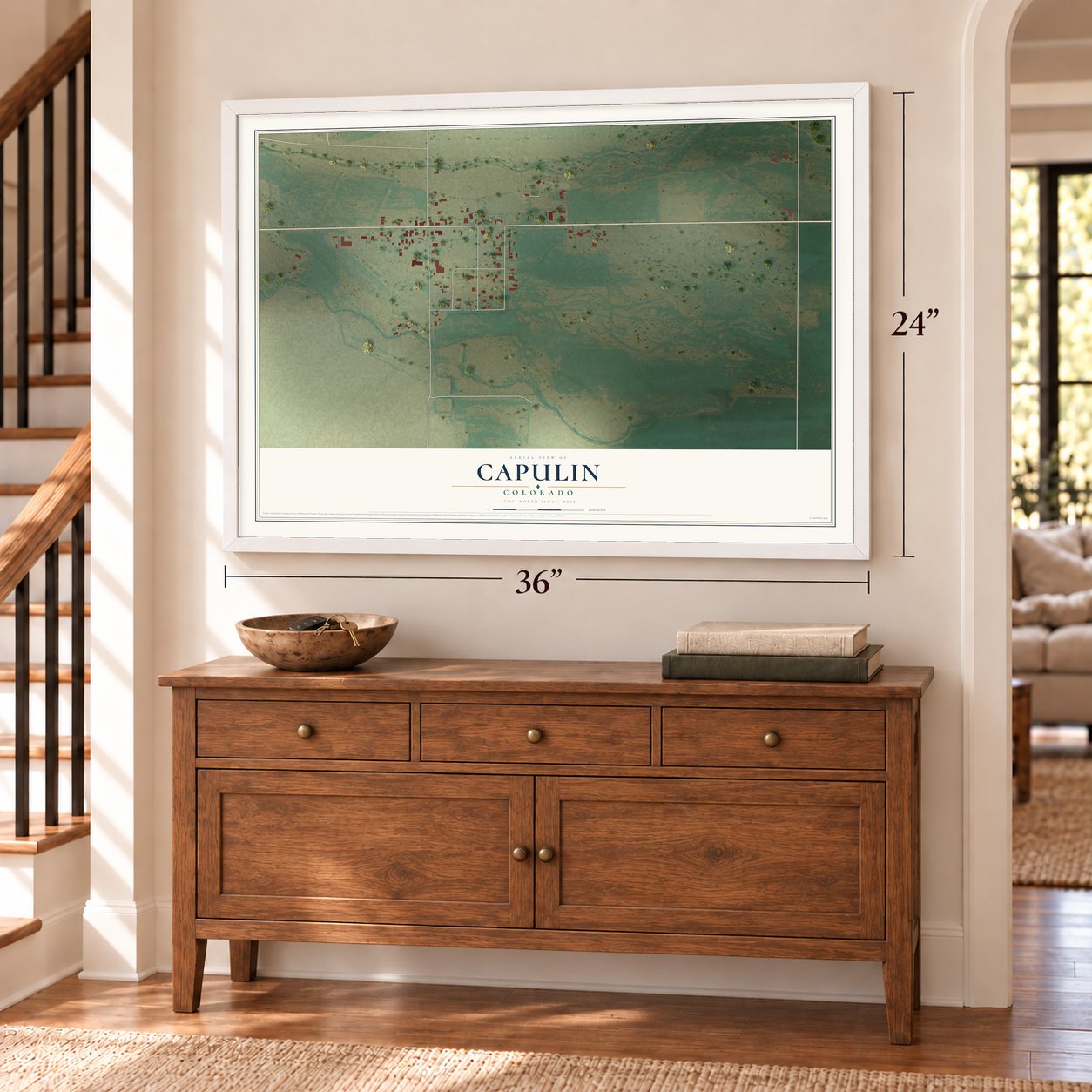 Capulin, Colorado map, 24 x 36 inch print in a white frame above a dresser by a staircase