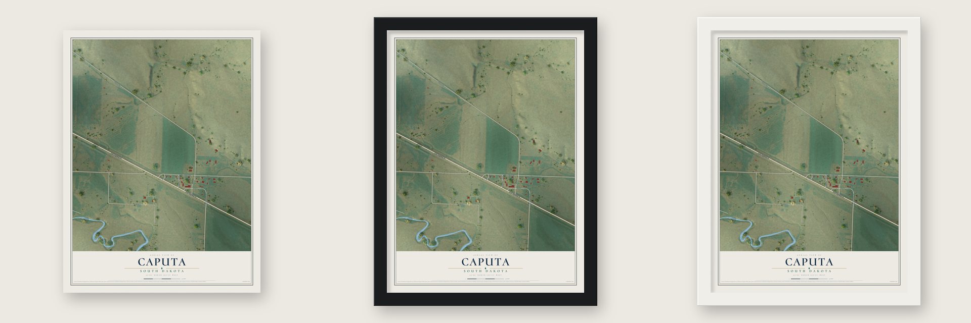 Caputa, South Dakota map unframed, in a black wood frame and in a white wood frame