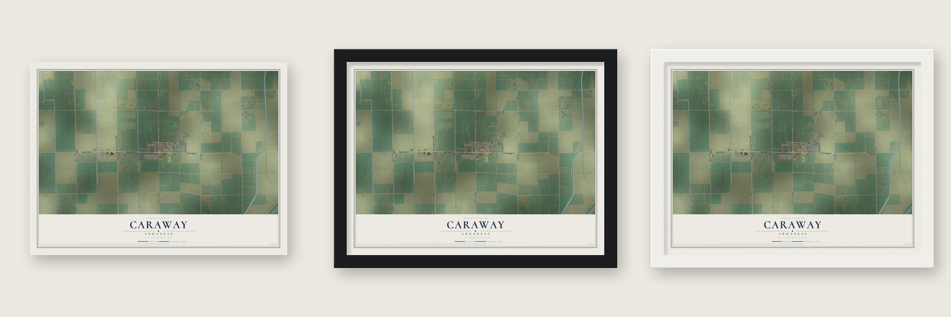 Caraway, Arkansas map unframed, in a black wood frame and in a white wood frame