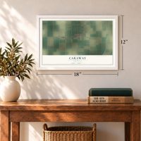 Caraway, Arkansas map, 12 x 18 inch print in a white frame in an entryway